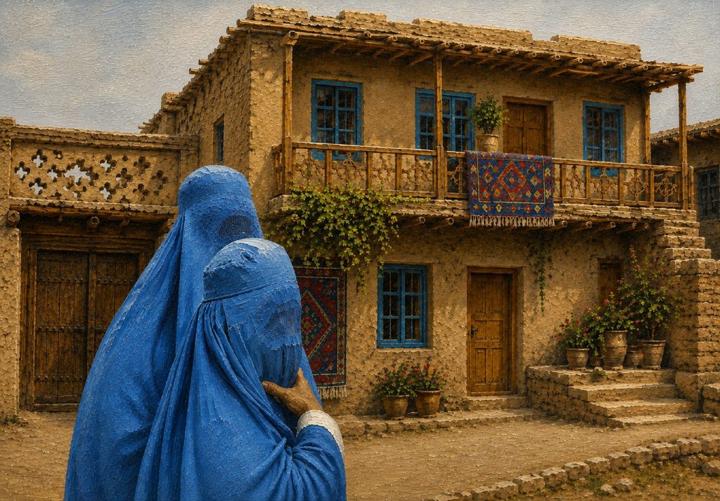 تصویر یادداشت درگشت؛ دو پیکر با پوشش آبی در برابر خانه‌ای کاهگلی